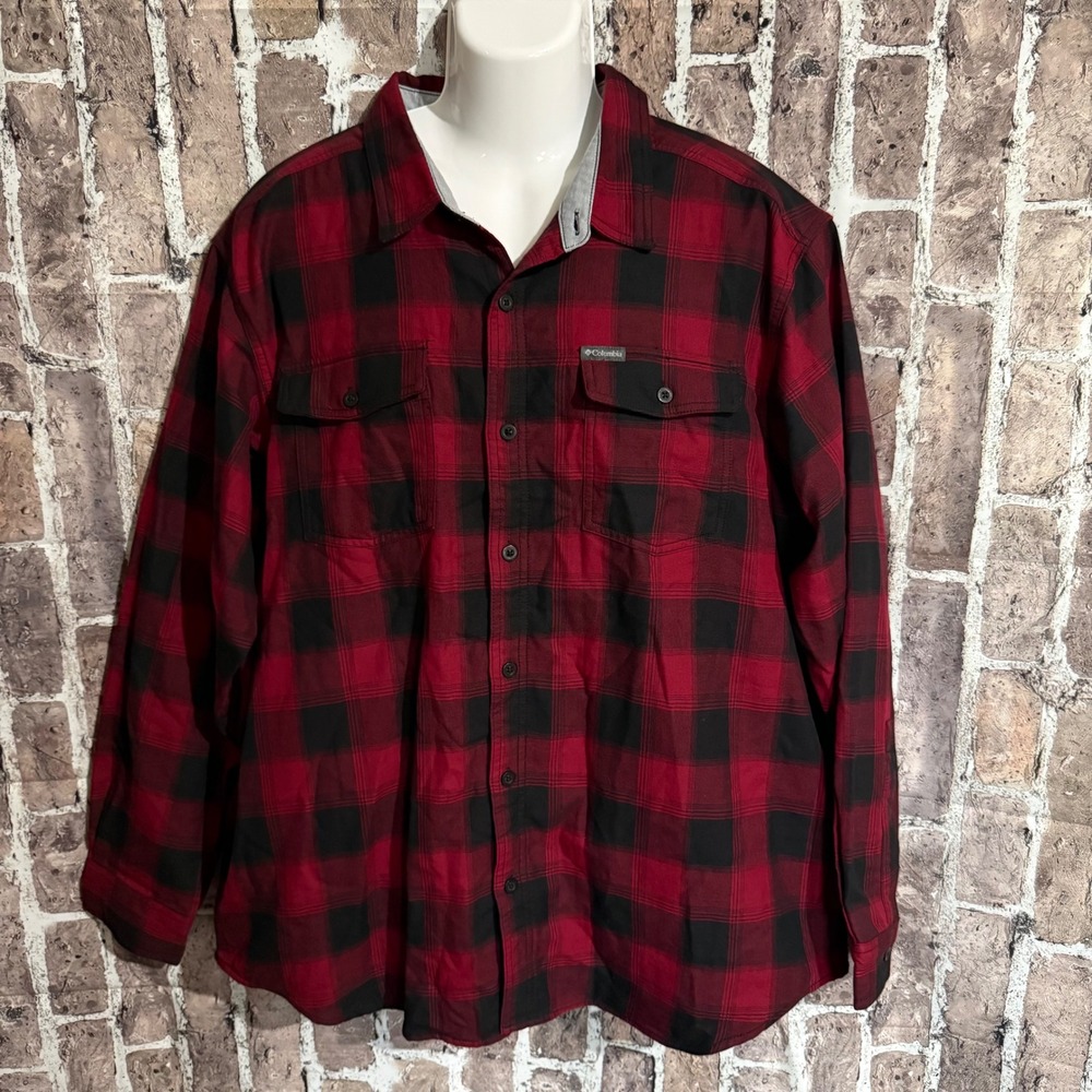 Columbia Plaid Flannel Button Down Shirt Mens XL Red Black Buffalo Check Outdoor